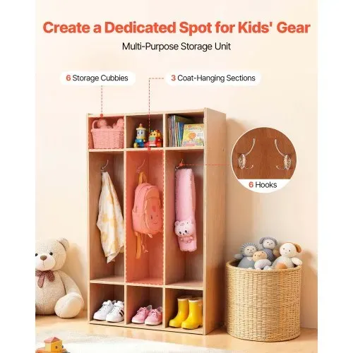 VEVOR Offener Kinderkleiderschrank aus Sperrholz, Kindergarderobe mit 6 Haken & 9 Fächern (3 Groß + 6 Klein), Garderobenregal & Aufbewahrungsregal für Kinderzimmer Zuhause Kindergarten Kita VEVOR Offener Kinderkleiderschrank aus Sperrholz, Kindergarderobe mit 6 Haken & 9 Fächern (3 Groß + 6 Klein), Garderobenregal & Aufbewahrungsregal für Kinderzimmer Zuhause Kindergarten Kita