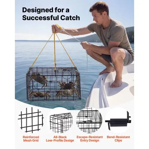 VEVOR Krabbenfalle 2er-Pack, 62 x 62 x 30 cm Krabbenreuse für Dungeness Crabs, PVC-beschichtetes Drahtgeflecht, inkl. 30 m Bleileine, Boje (Rot+ Weiß) und Handschuhen, Angelzubehör für Salzwasser – Bild 2