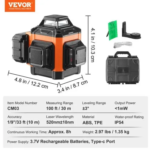 VEVOR Kreuzlinienlaser 30m Lasernivellier Selbstnivellierend Linienlaser 520nm±10nm Laserwellenlänge Baulaser ±0,28cm bei 10m Kreuzlaser ±3° 8 Std Dauerarbeitszeit inkl. Lithiumbatterie Typ-C-Leitung – Bild 6