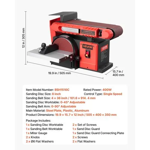 VEVOR Band-Tellerschleifer 400 W, 152,4 mm Tellerschleifer & 101,6x914,4 mm Bandschleifer, mit 0-45° verstellbarem Arbeitstisch & Staubabsauganschluss für Holzbearbeitung, Messerschärfen – Bild 6