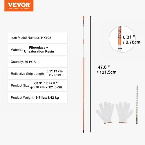 VEVOR Einfahrtsmarkierungen, 50 Stk. 121,92 cm, 1,02 cm Durchmesser, orangefarbene Glasfaserstangen, Schneepfähle mit reflektierendem Band, 30,48 cm Stahlbohrer und Schutzhandschuhe für Parkplätze, Ge – Bild 6