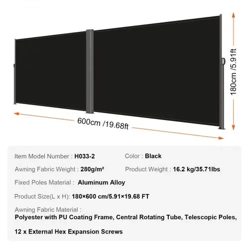 VEVOR Terrassen Windschutz 180 x 600 cm schwarz Rollo Seitenmarkise ausziehbar für den privaten oder gewerblichen Gebrauch – Bild 6