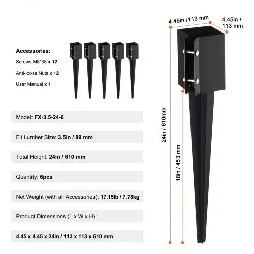VEVOR Erdspieß für Zaunpfosten, 6er-Pack, 113 x 113 x 610 mm Außendurchmesser (Innendurchmesser 8,9 x 8,9 cm), Metall, schwarz pulverbeschichtet, Erdspieß für Briefkästen, Terrassen, Gartengeländer – Bild 10