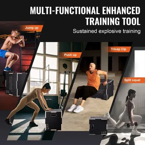VEVOR 3-in-1-Plyometrische Sprungbox 20/18/16-Zoll-Plyobox, Sprungkasten Sprungkiste 204 kg Tragfähigkeit, Fitnessübungs-Step-Up-Box für Heimtraining, Sprungkrafttraining Schwarz Einstellbare Höhe – Bild 4