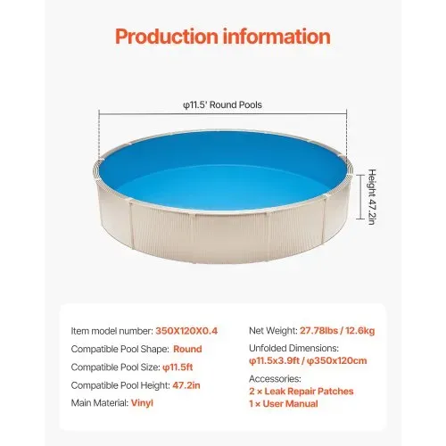 VEVOR Runde Poolfolie, φ350x120 cm, Innenfolie, Ersatzfolie, Innenhülle, Schwimmbadfolie Unibead-Stil Standard-Vinylfolie, verschleißfest, für Aufstellpools mit 120 cm Wandhöhe, einfarbig – Bild 6