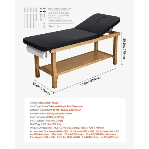 VEVOR Untersuchungsliege 227 kg, Ruheliege aus Holz, Praxisliege mit verstellbarer Rückenlehne, Ablagefach & Papierrollenspender für Krankenhäuser, Kliniken & Reha-Zentren, 1895x700x770 mm – Bild 6