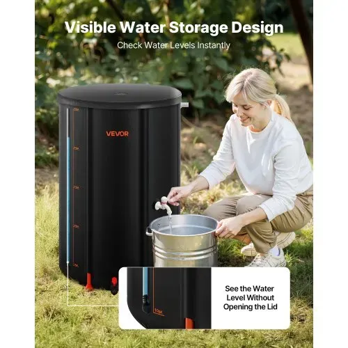 VEVOR Regentonne faltbar, 250 L tragbares Regenfass, Regenwassertank, 500D PVC-Regenwassersammelsystem, Wassertank, Regenwassertonne mit Zapfhahn und Überlaufset, Schwarz – Bild 5