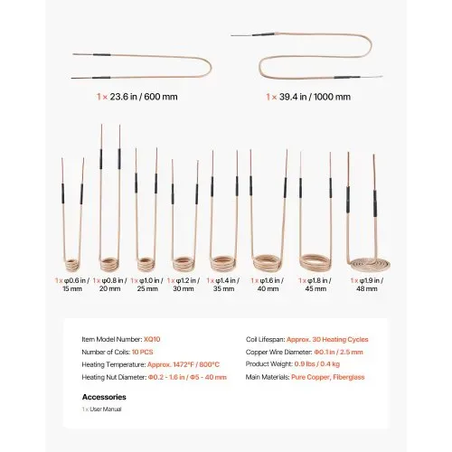 VEVOR 10-tlg. magnetische Induktionsheizspule, Mini Heizspulen Set mit Flexibilität & langer Lebensdauer, zum Entfernen von rostigen Schrauben & Muttern, 8 Spulen + 1 U-förmige + 1 freie Form – Bild 6