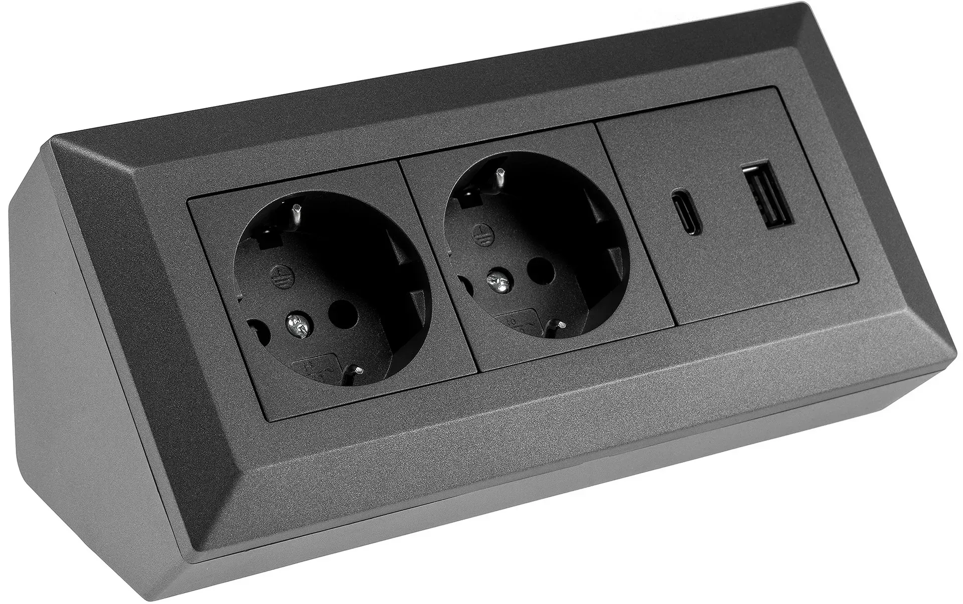 2-fach Steckdosenblock, USB-A+C, anthraz 250V~/ 16A, Aufbaumontage, USB 3,1A, PD 2-fach Steckdosenblock, USB-A+C, anthraz 250V~/ 16A, Aufbaumontage, USB 3,1A, PD