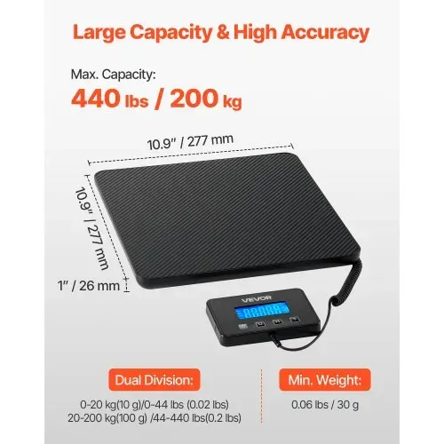 VEVOR Digitale Paketwaage, 10/100g, doppelte Genauigkeit, 200 kg Plattformwaage mit Hold-/Tara-Funktion & LCD-Display, für Pakete, Porto, Gepäck, Batterie & Ladekabel im Lieferumfang enthalten VEVOR Digitale Paketwaage, 10/100g, doppelte Genauigkeit, 200 kg Plattformwaage mit Hold-/Tara-Funktion & LCD-Display, für Pakete, Porto, Gepäck, Batterie & Ladekabel im Lieferumfang enthalten