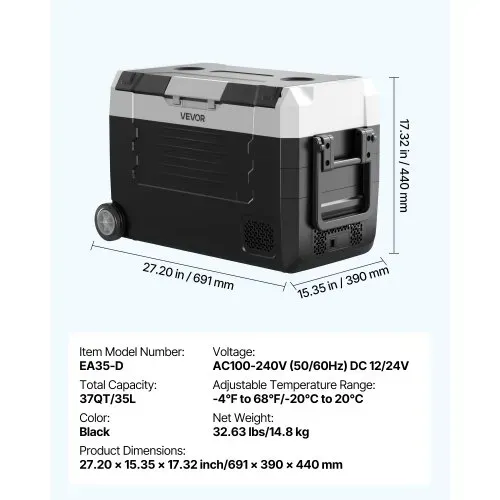 VEVOR Kompressor Kühlbox 12/24 V DC 100–240 V AC, Autokühlschrank 35 L mit App-Steuerung & Rädern & 2 Temperaturzonen (-20 °C bis 20 °C), Tragbarer Kühlschrank für Wohnmobile Boote Camping Angeln – Bild 6