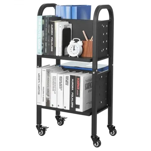 VEVOR Bücherwagen, 70 kg Tragkraft, Bibliothekswagen, 45 x 33 x 88 cm, Doppelseitiges L-förmiges Bücherregal mit Doppelbremsrollen, Bücherregalwagen für Wohnzimmer, Büro, Schule, Schwarz – Bild 8