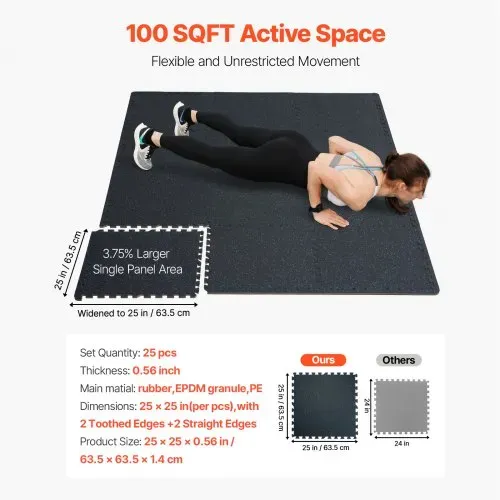 VEVOR Bodenmatten 25 Stk. Gummioberfläche & EVA-Schaum, 61 x 61 cm Trainingsmatten mit 100 Quadratfuß Abdeckung, ineinandergreifende Gymnastikmatten für Fitnessstudio Garage, Schwarz & Blau – Bild 7