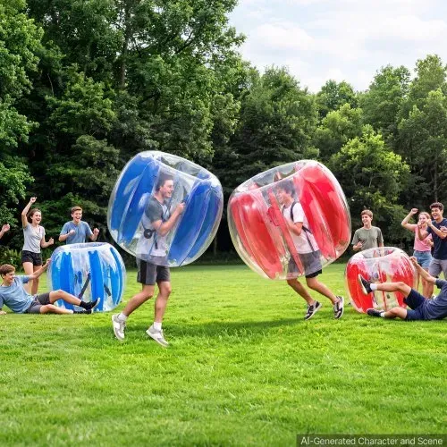 VEVOR 2 x Aufblasbare Bumper Sumo Bälle 1,2 m für Jugendliche Rot Blau für Garten, Camping, Picknick, Rasen und Outdoor, 0,5 mm Starkes PVC, Heißverschweißte Griffe & Stabil Sitzende Schultergurte – Bild 7