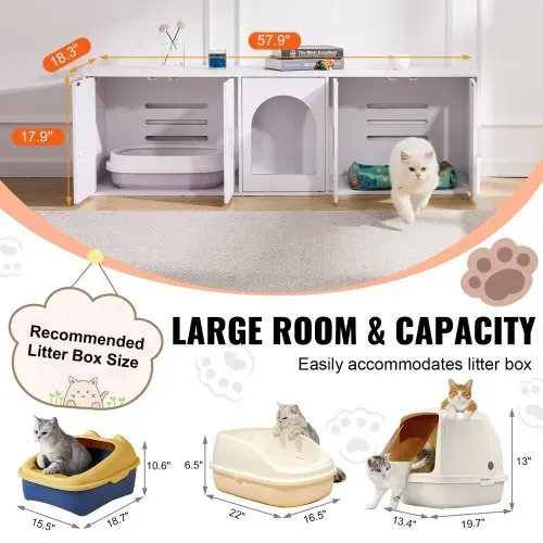 VEVOR Katzentoilettengehäuse für 2 Katzen, Katzentoilettenmöbel versteckt mit Doppelzimmern, Katzentoilettenschrank aus Holz passt in die meisten Katzentoiletten, 57,9"L x 18,3"B x 17,9"H, weiß – Bild 3