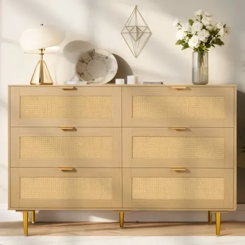 VEVOR Rattankommode Aufbewahrungsschrank mit 6 Schubladen & Metallgriffen und -beinen, moderner Rattanschrank für Schlafzimmer Wohnzimmer Flur (120 x 39,5 x 85,4 cm) Kleidungsschrank – Bild 7