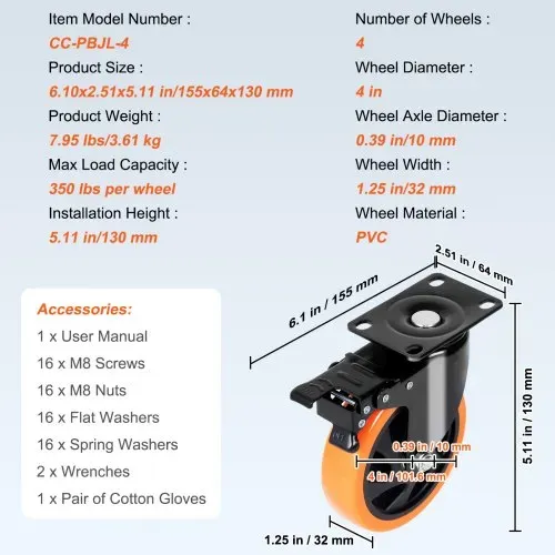 VEVOR Möbelrollen 4er-Set Lenkrollen PVC φ101,6mm Laufrollen 635kg Tragfähigkeit Transportrollen mit A/B-Bremsen Kastenrollen 360° Drehbar Schwerlastrollen für Häusern Büros Studios Fabriken – Bild 6