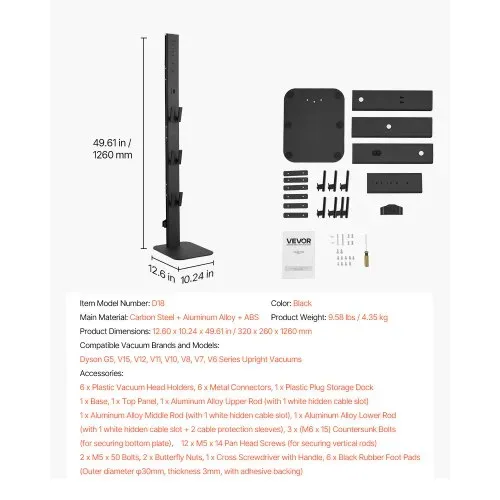 VEVOR Staubsaugerständer 32x26x126cm, kompatibel mit Dyson G5 V15 V12 V11 V10 V8 V7 V6 Serie Standstaubsaugern & Zubehör, Bodenständer, Halterung mit 6 Haken & rutschfesten Fußpolstern, schwarz – Bild 6