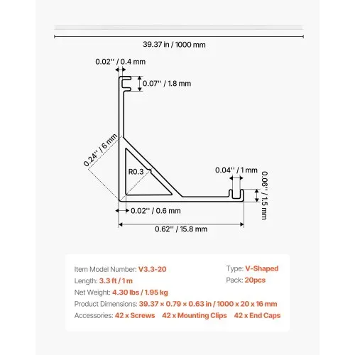 VEVOR LED Profil 20er-Pack 1 m, Eloxierte Aluminiumprofile mit Milchiger Abdeckung, Endkappen & Befestigungsclips, Kanäle, Diffusor für LED-Streifen, Ideal für Unterbau-Arbeitsplatten, V-Form – Bild 6