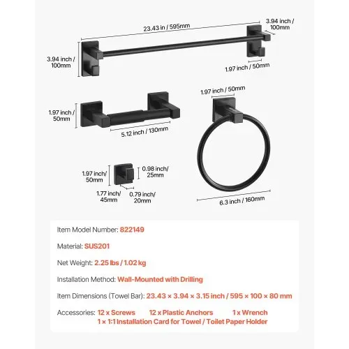 VEVOR Badezimmer Hardware Zubehör Set aus SUS201 Edelstahl (4-tlg.) inkl. Handtuchstange & Handtuchhalter (runder Ring) & Haken & Toilettenpapierhalter, für Badezimmer, Wandmontage Schwarz – Bild 6