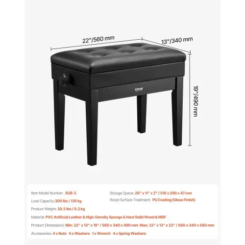 VEVOR Klavierbank, 56x34x49 cm, Pianobank, Keyboard-Klavierstuhl, 49-58 cm höhenverstellbar, gepolstertes Kissen, Ablagefach für Notenbücher, Klavierhockersitz aus Holz, für Schminktisch, Wohnzimmer – Bild 6