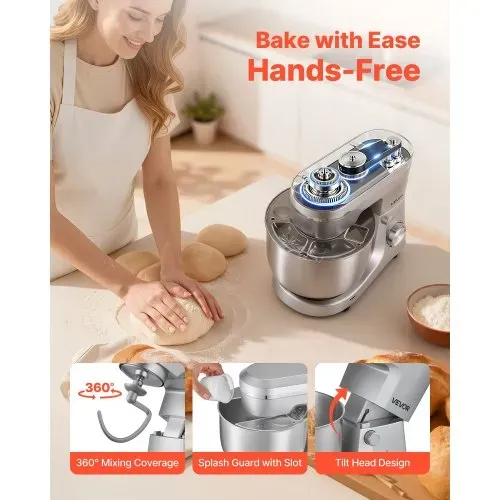 VEVOR Knetmaschine Küchenmaschine zum Backen, 1500 W Teigmaschine mit Edelstahlschüsseln (4,2 + 5,7 L) & Knethaken & Rührbesen & Schneebesen, 10-Gang einstellbare kippbare Rührmaschine Standmixer – Bild 5