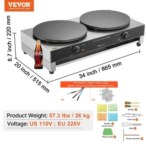 VEVOR elektrischer Crepemaker Crepe-Maschine mit Doppelkopf 6000 W flache Crepe-Grillplatte, Pfannkuchenherd aus Edelstahl, Cerealien-Pfannkuchenherd, Temperaturregelung (kein Stecker) – Bild 6