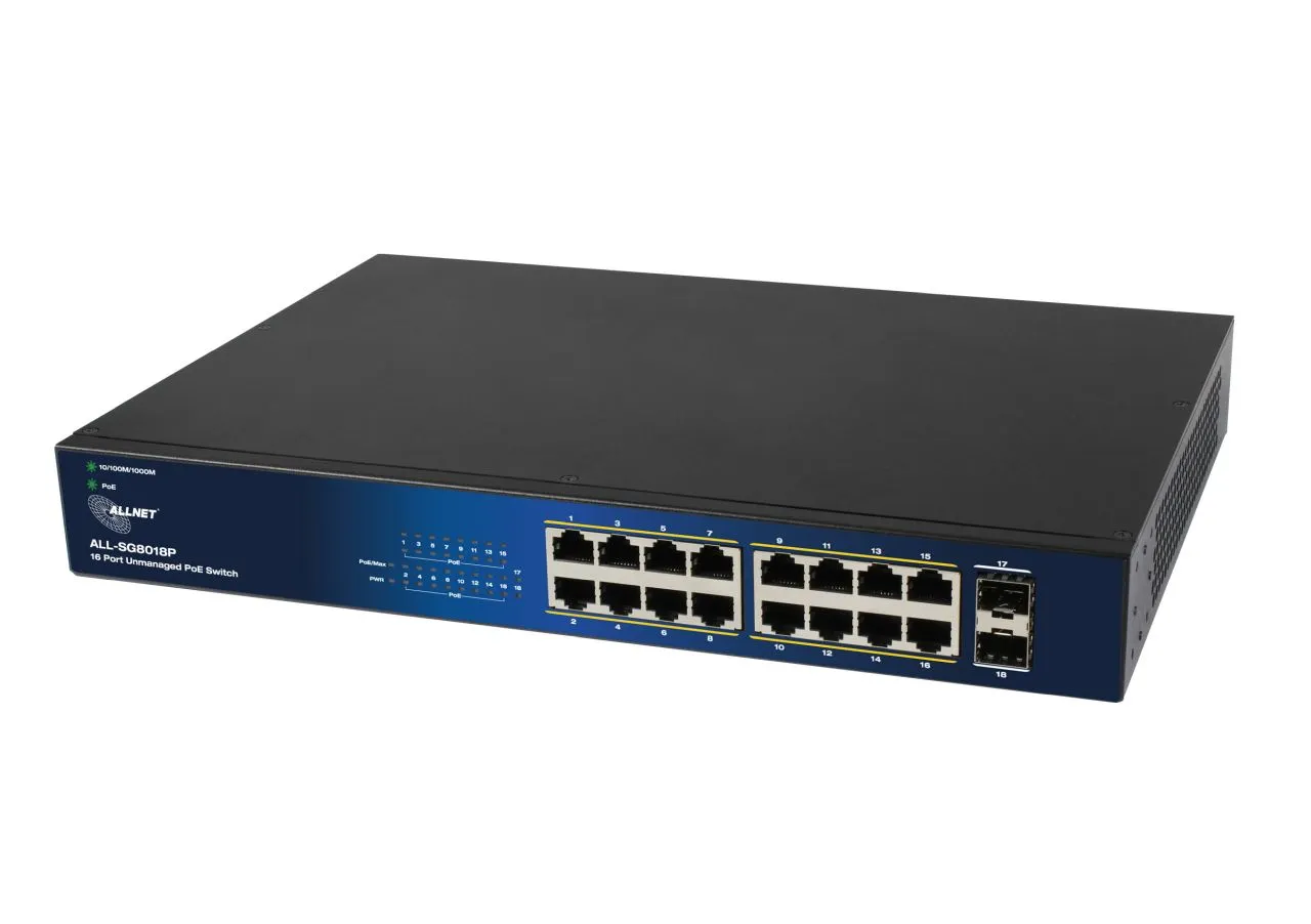 ALLNET Switch unmanaged Layer2 18 Port • PoE Budget 240W • 16x PoE at • 2x SFP • 19″ • Lüfterlos • ALL-SG8018P ALLNET Switch unmanaged Layer2 18 Port • PoE Budget 240W • 16x PoE at • 2x SFP • 19″ • Lüfterlos • ALL-SG8018P