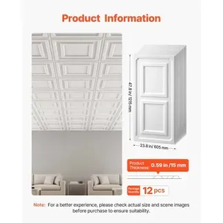 VEVOR 12 Stk. Deckenpaneele PVC-Deckenplatten Deckenfliesen 605x1215mm Weiß, 3D-Konstruktion, Stoßfest, Brandschutz, Zuschneidbar, Für Abgehängte Decke Geeignet, Moderne Innendekoration für Heim Büro VEVOR 12 Stk. Deckenpaneele PVC-Deckenplatten Deckenfliesen 605x1215mm Weiß, 3D-Konstruktion, Stoßfest, Brandschutz, Zuschneidbar, Für Abgehängte Decke Geeignet, Moderne Innendekoration für Heim Büro
