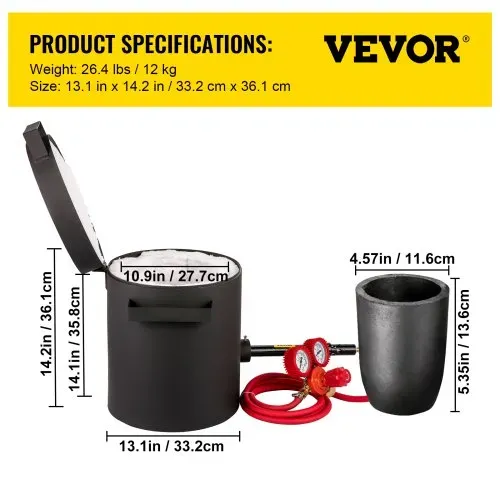 VEVOR Propan Schmelzofen 4 KG, Gas Metall Schmelzofen Propan Ton Grafit Tiegel, Schmiedeofen für Edelmetall Schmelzpunkt 1350 °C, Ofenboden 20 mm, Schmelzzeit 10 min, 2,54 cm Keramikfaser feuerfest – Bild 6