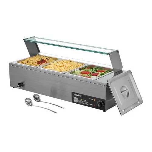 VEVOR kommerzieller Speisenwärmer (3 x 1/2 Größe Behälter), 1,5 kW elektrischer Wärmebehälter aus Edelstahl mit Glasabdeckung & Suppenkelle, Chafing Dishes für Catering Restaurant Party – Bild 8