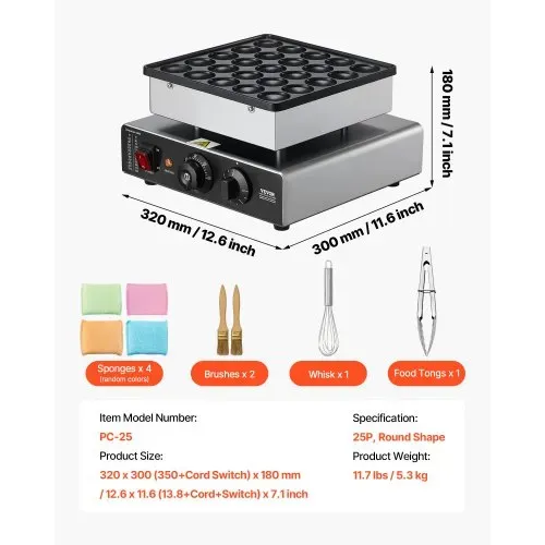 VEVOR Mini Pfannkuchenmaker Dutch Muffin Waffeleisen mit 43 mm Durchmesser, antihaftbeschichteter Poffertjes-Grill aus Edelstahl, elektrischer Mini Pancake Bäcker für Zuhause Küche Restaurant – Bild 6