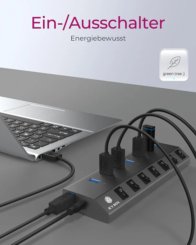 ICY BOX IB-HUB1701-C3, 7 Port USB 3.2 Gen 1 Type-A Hub, Aluminium Gehäuse, mit 7x USB Type-A, Type-A + Type-C Host, An-/Ausschalter für jeden Port – Bild 2
