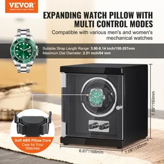 VEVOR Uhrenbeweger, Automatik-Uhrenbeweger, Watch Winder, Uhrenbeweger für Automatikuhren, Automatischer Uhrenbeweger mit Platz für 1 Uhr, LED Beleuchtung, 150–207 mm Einstellbare Riemenlänge VEVOR Uhrenbeweger, Automatik-Uhrenbeweger, Watch Winder, Uhrenbeweger für Automatikuhren, Automatischer Uhrenbeweger mit Platz für 1 Uhr, LED Beleuchtung, 150–207 mm Einstellbare Riemenlänge