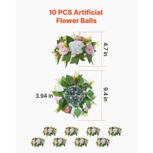 VEVOR Kunstblumen, 10 Stück, 240x240x120 mm, künstliche Blumenkugeln, Kunstrosen-Arrangements für Hochzeitsmittelstücke, Heimdekoration, Tischdekoration, Partys, Feiern, rosa & weiße Rosen – Bild 2