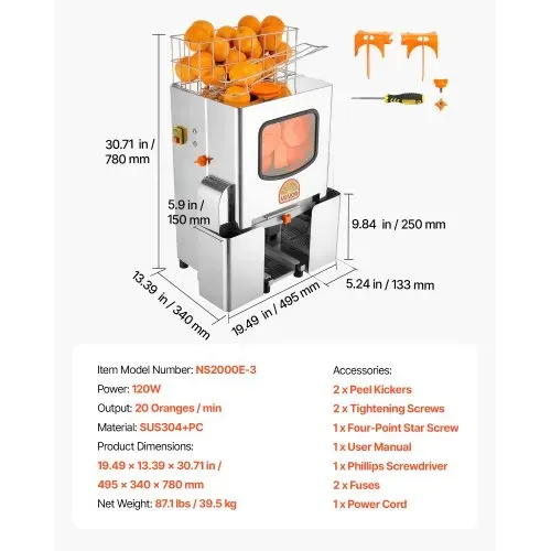 VEVOR Gewerbliche Orangenpresse Elektrische Zitruspresse 120 W Edelstahl, Saftpresse für bis zu 20 Orangen pro Minute, Entsafter für Zitronen Zitrusfrüchte Granatäpfel mit 2 Schalen-Auffangbehältern – Bild 6