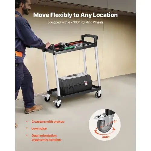 VEVOR Mehrzweckwagen, 136 kg Tragkraft, 2-stufiger Universalwagen aus Kunststoff mit 360° Schwenkrädern (2 mit Bremsen), 800x410x945 mm großer Servierwagen für Lager, Büro, Zuhause, Restaurant, Küche – Bild 2