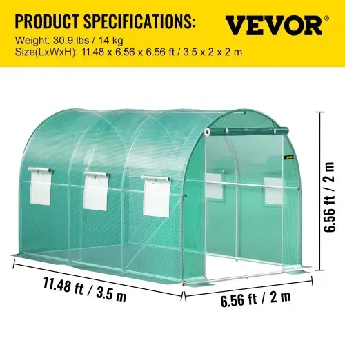 VEVOR Foliengewächshaus 3,5x2x2 m Bogendach Gewächshaus Verzinkter Stahlrahmen und PE Abdeckung Frühbeet Treibhaus 6 Netzfenster Grün Mobiler Folientunnel Ideal für Anbau von Gemüse Blumen – Bild 6
