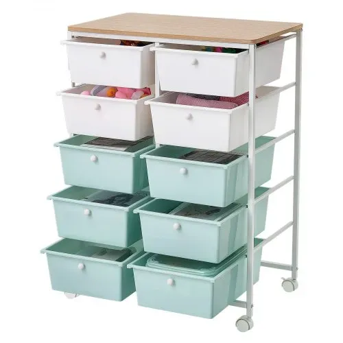 VEVOR Rollwagen mit 10 Schubladen Doppelreihe PP 630x390x895mm Blau Weiß, Metallgestell, Holztischplatte, Handgriffe, Lenkrolle mit 2 Bremsen, Mobiler Schubladenwagen für Büro Werkstatt Bastelzimmer – Bild 10