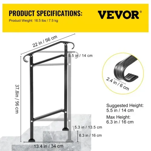 VEVOR Treppengeländer 50x13,5x108 cm Handlauf Geländer Höhe(bis zu 18,5 cm) & Winkel(0-30,8°) einstellbar Eingangsgeländer Eisenhandlauf Ideal für 1 oder 2 stufige Treppen mit Installationskit Schwarz – Bild 6