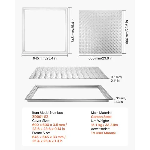 VEVOR Schachtabdeckung mit Rahmen 60 x 60 cm, Quadratischer Schachtdeckel Klärgrubendeckel, Hochbelastbarer Rutschfester Gullydeckel aus Kohlenstoffstahl für Abflussrinne, für Gehwege Gärten Höfe – Bild 2