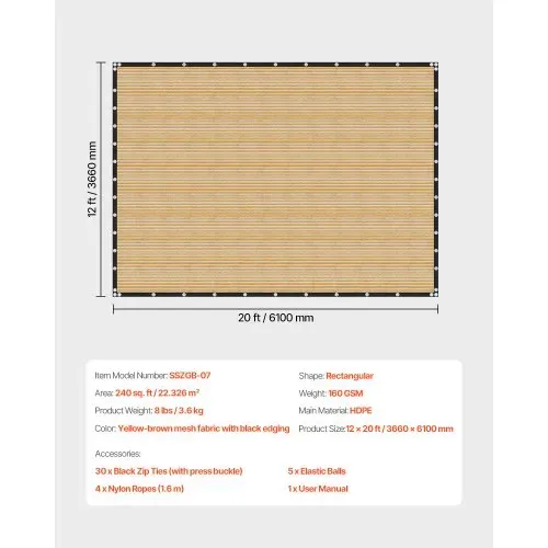 VEVOR 90 % Sonnenschutztuch Sichtschutz Schattenabdeckung (366 x 610 cm) für Pergola mit Edelstahlösen, Sonnensegeltuch mit 160 g/m² HDPE-Material, für Outdoor Terrasse Garten Hinterhof (Beige) – Bild 6