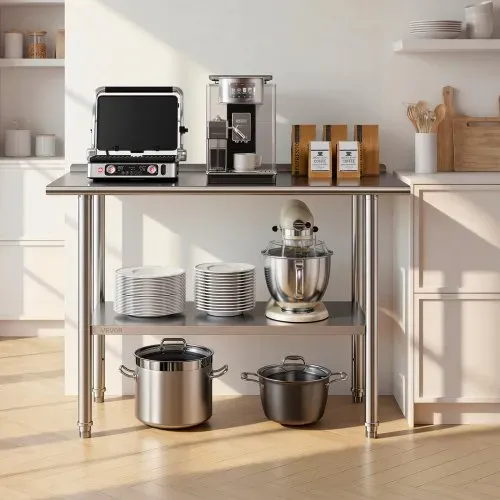 VEVOR Gasto Arbeitstisch 1219 x 610 x 894 mm, Edelstahltisch mit 2 Ebenen & Aufkantung & Höhenverstellbaren Ablagen Obere Ablage (245 kg) Untere Ablage (204 kg) Vorbereitungstisch für Restaurant – Bild 7
