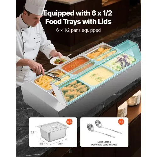 VEVOR kommerzieller Speisenwärmer (6 x 1/2 Größe Behälter), 1,5 kW elektrischer Wärmebehälter aus Edelstahl mit Glasabdeckung & Suppenkelle, Chafing Dishes für Catering Restaurant Party – Bild 2