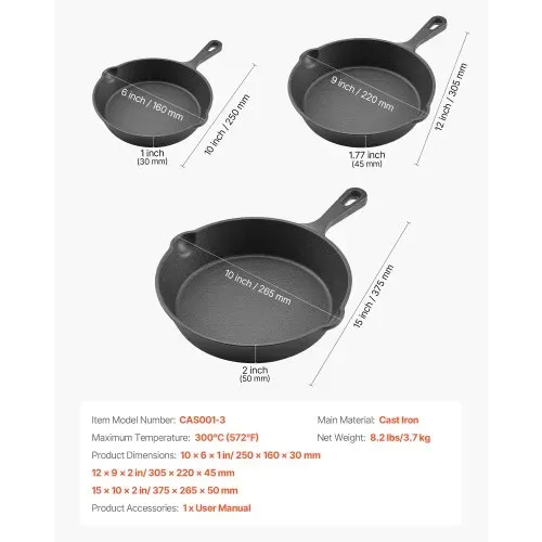 VEVOR Gusseisenpfanne Bratpfannen-Set (160 / 220 / 265 mm), Hochleistungs-Bratpfannen mit hitzebeständigem Griff, Kochpfanne, Küchenkochgeschirr, geeignet für Backofen Gas Elektro Schwarz – Bild 6
