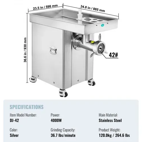 VEVOR kommerzieller Fleischwolf 16,65 kg/min 4000 W elektrischer Fleischwolf mit Klingen & Mahlplatten, elektrische Wurstmaschine, gewerblicher Fleischwolf Edelstahl für Küche Restaurant Metzgerei – Bild 6