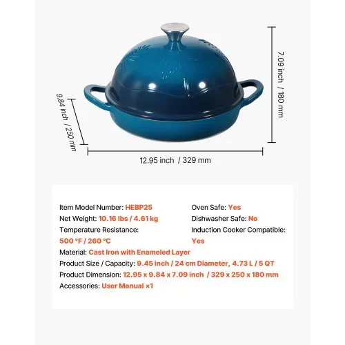VEVOR Schmortopf aus emailliertem Gusseisen, 4,73 L Dutch Oven zum Backen von Sauerteigbrot, robuster Kochtopf mit Deckel & 2 Griffen, geeignet bis 260 °C, Brottopf zum Kochen und Braten – Bild 6