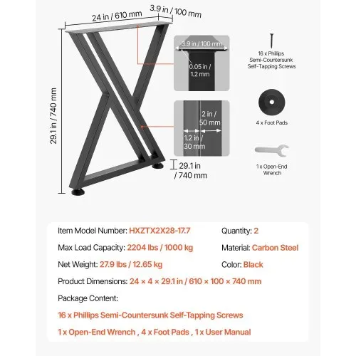 VEVOR Tischkufen 2er-Set 610x740 mm, X-Förmige Tischuntergestell 1000 kg, Tischbeine Kohlenstoffstahl, Möbelfüße, Tischgestell, Tischfüße für Schreibtische, Couchtische, Esstische, Schwarz – Bild 4