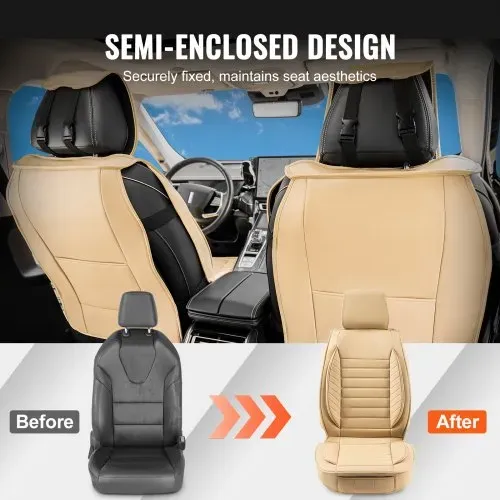 VEVOR Sitzbezüge, Universal Autositzbezüge Vordersitze, 2 Stk. Kunstleder Sitzbezug, Halbgeschlossenes Design, abnehmbare Kopfstütze und Airbag kompatibel, für die meisten Autos SUVs und Trucks Beige – Bild 2
