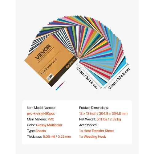 VEVOR Vinylfolie Wärmeübertragung Transferfolie (304,8 x 304,8 mm) 80 Blätter, verschiedene Farben, Plotterfolie kompatibel mit Schneidemaschinen, Aufbügelfolie für T-Shirts Kissen Hüte – Bild 6